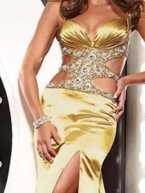 Jasz Couture Style 4352 Gold Satin Evening Dress with Embellished Waist Size 2